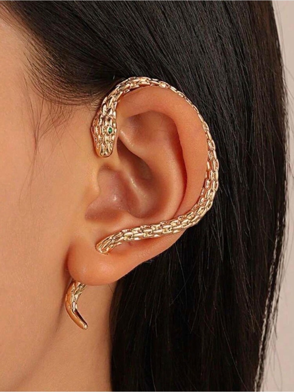 Gold Snake Wrap Ear Cuff with Green Accent